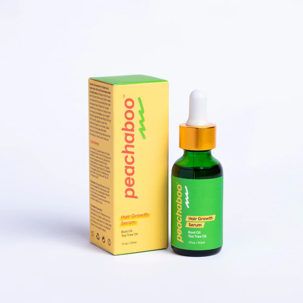 Peachaboo hair growth serum bottle and packaging on a white background