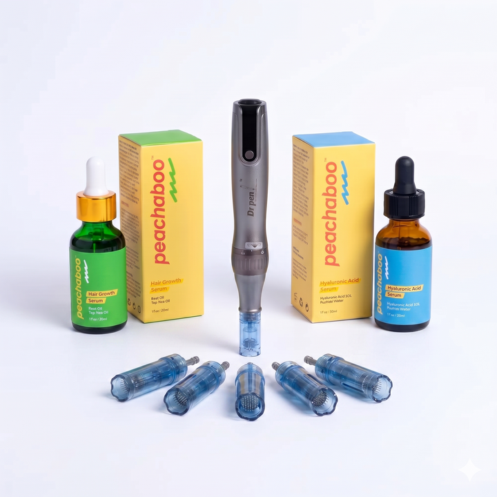 Peachaboo product set including bottles, boxes, and cartridges on a white background