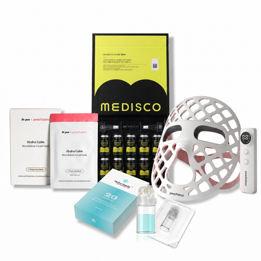 Featuring Medisco Skinbooster AC BHA - Advanced Acne Control &amp; Balancing Formula to help clear pores and regulate excess oil, Dr. Pen Hydra Needle HN20 Derma Stamp for precise skin renewal and texture improvement, Peachaboo Glo Aurora Silicone LED Light Therapy Mask to help calm inflammation and support skin healing, and the Dr. Pen x Peachaboo Hydra Calm Biocellulose Facial Mask to soothe, hydrate, and restore post-treatment comfort.