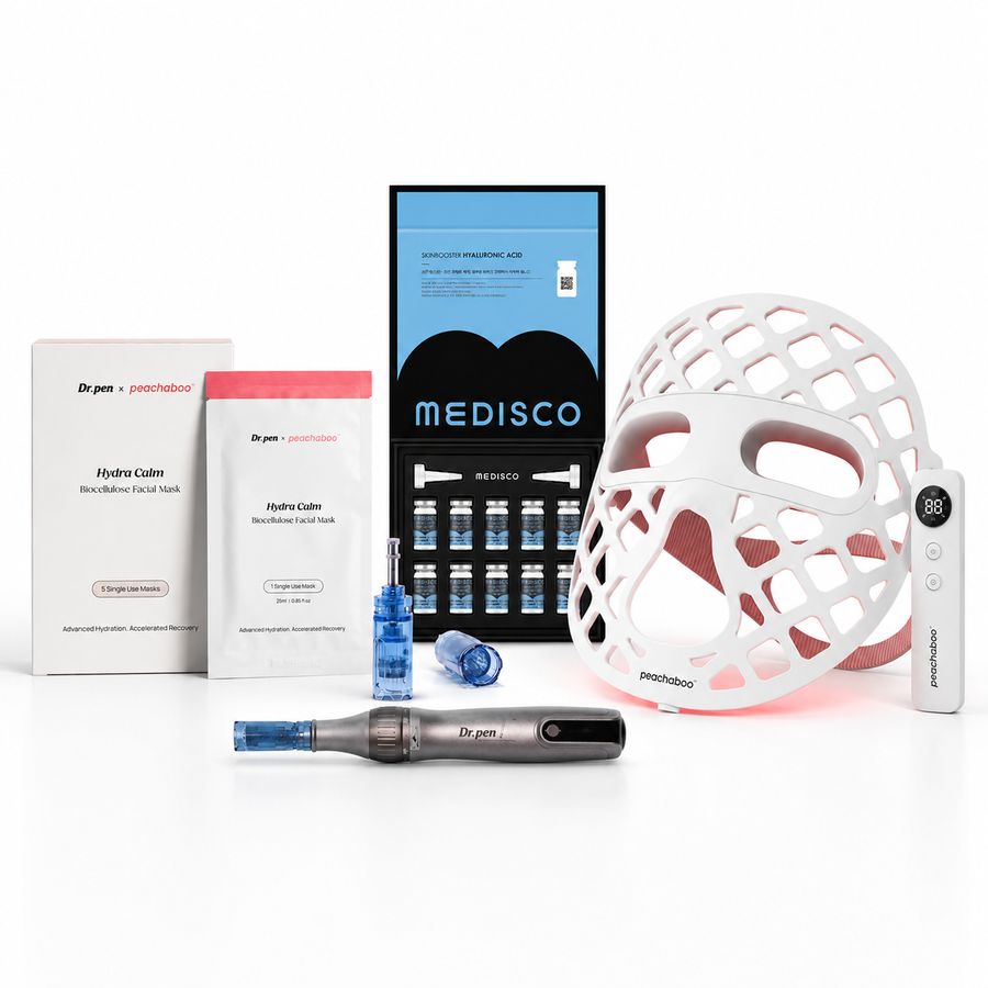 Featuring the Dr. Pen M8S microneedling pen with 18-pin cartridges for gentle skin renewal, Medisco Skinbooster Hyaluronic Acid – Intense Hydration Formula for deep and long-lasting moisture, Dr. Pen x Peachaboo Hydra Calm Biocellulose Mask to soothe and replenish the skin after treatment, and the Peachaboo Glo Aurora Silicone LED Light Therapy Mask to support skin recovery and enhance overall radiance.