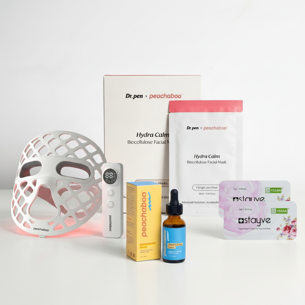 Featuring Peachaboo Hyaluronic Acid Serum for deep hydration and plumping, Stayve Repair Cream to support skin regeneration and soothe irritation, the Dr. Pen x Peachaboo Hydra Calm Biocellulose Mask to calm and replenish stressed skin, and the Peachaboo Glo Aurora Silicone LED Light Therapy Mask to enhance healing, reduce redness, and support overall skin recovery.
