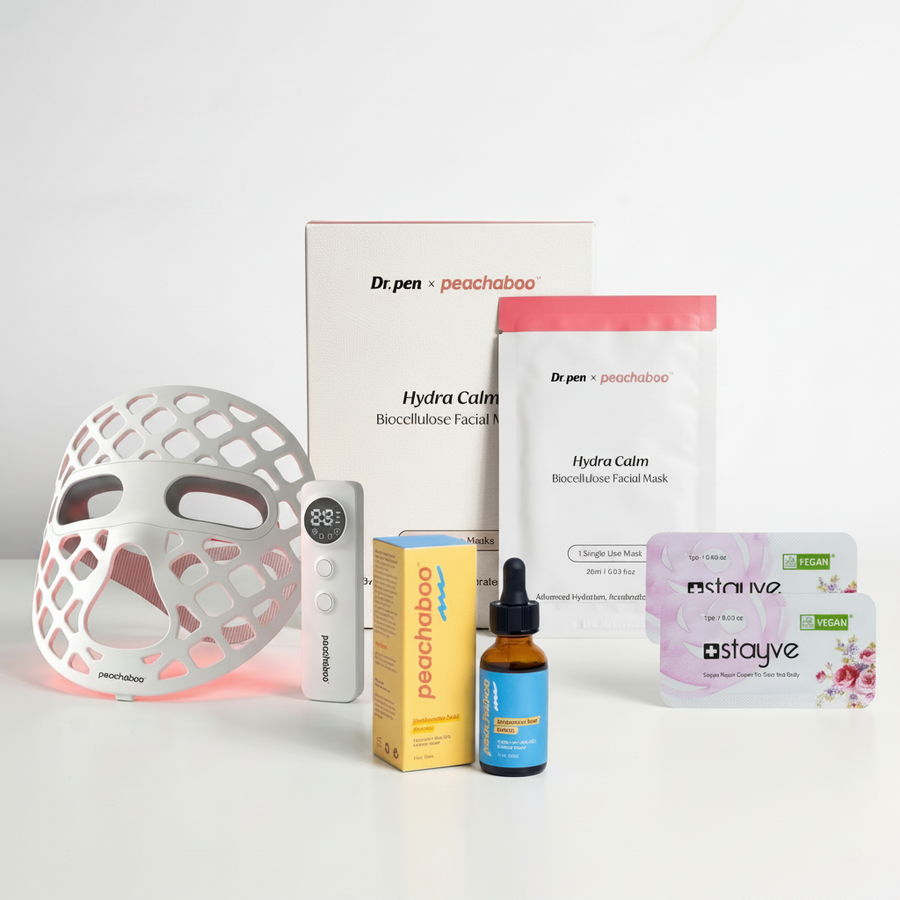 Featuring Peachaboo Hyaluronic Acid Serum for deep hydration and plumping, Stayve Repair Cream to support skin regeneration and soothe irritation, the Dr. Pen x Peachaboo Hydra Calm Biocellulose Mask to calm and replenish stressed skin, and the Peachaboo Glo Aurora Silicone LED Light Therapy Mask to enhance healing, reduce redness, and support overall skin recovery.