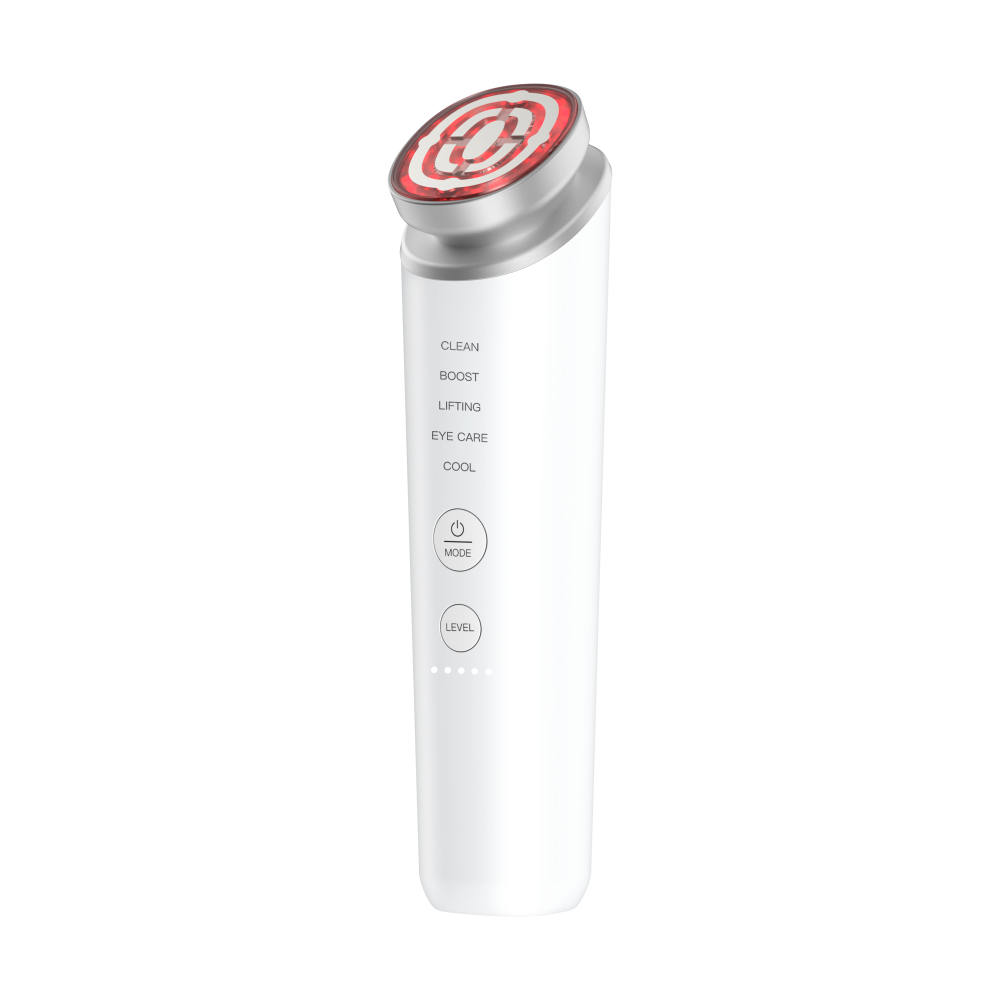 Front view of the 5-in-1 Smart RF & EMS Facial Lifting Device with illuminated red LED treatment head and controls.