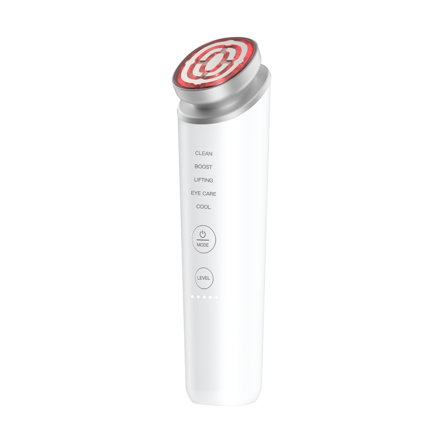 Front view of the 5-in-1 Smart RF & EMS Facial Lifting Device with illuminated red LED treatment head and controls.
