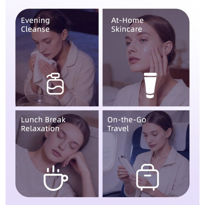 5-in-1 Smart RF & EMS Facial Lifting Device shown for evening cleansing, at-home skincare, relaxation and travel use.
