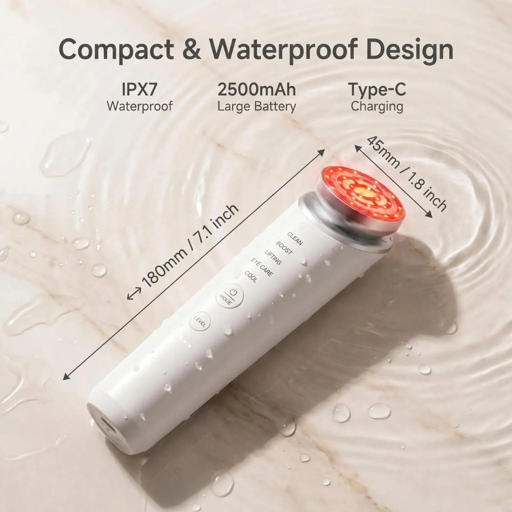 5-in-1 Smart RF & EMS Facial Lifting Device with IPX7 waterproof design, 2500mAh battery and USB Type-C charging.