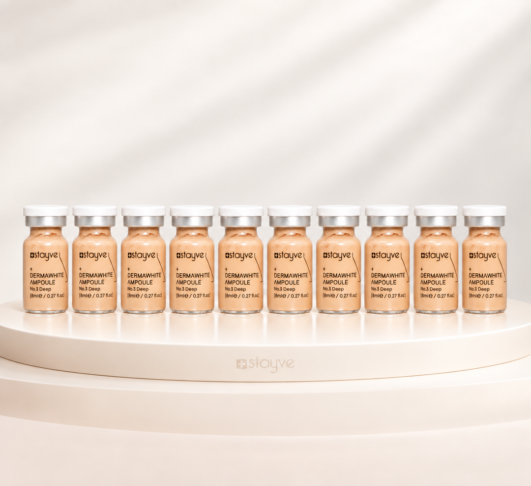 Ten Stayve BB Glow Dermawhite Ampoule No.3 Deep vials displayed on a neutral product stand