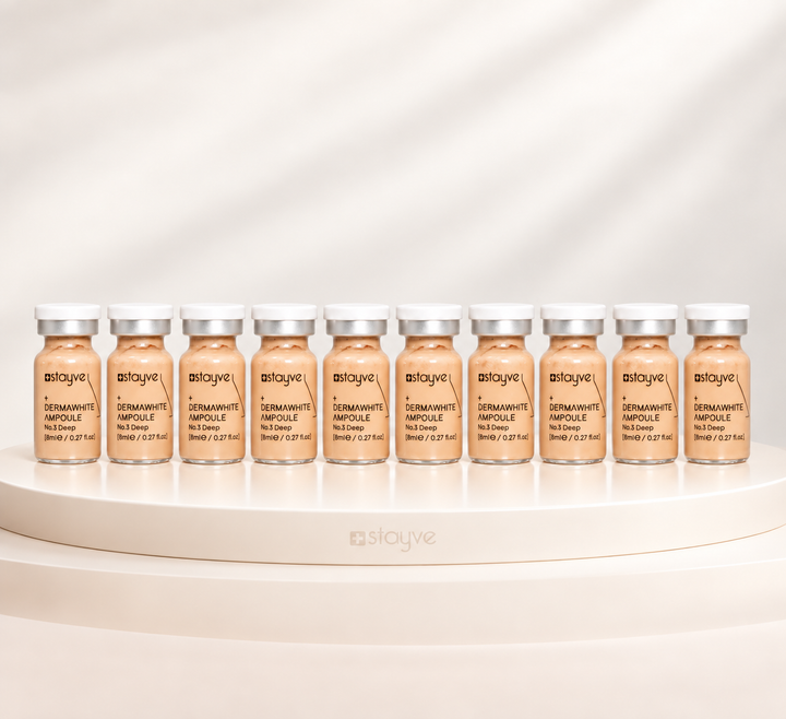 Ten Stayve BB Glow Dermawhite Ampoule No.3 Deep vials displayed on a neutral product stand