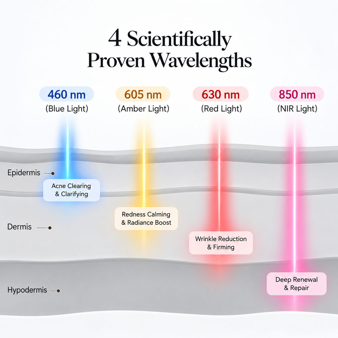 Diagram of the GooMi FlexiGlow Red Light Therapy Panel's four LED wavelengths and how each reaches the skin's layers