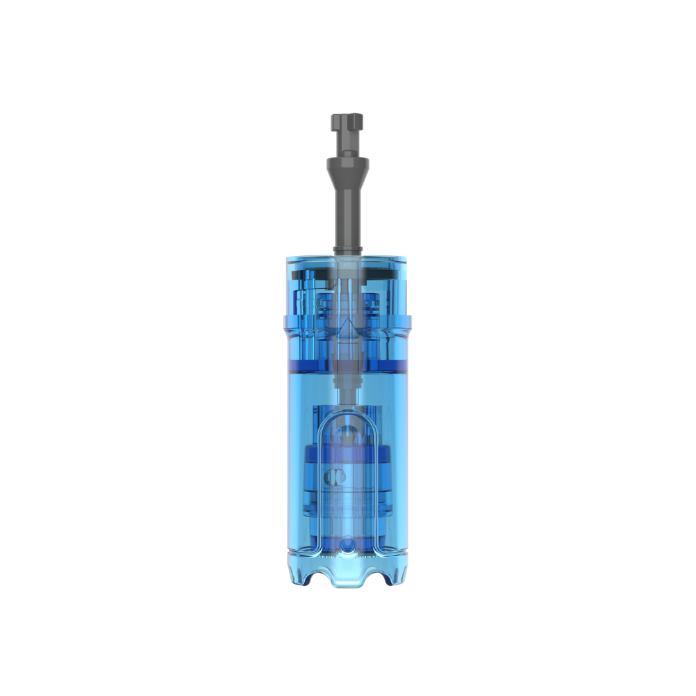 Close-up of a Dr. Pen M8 Max Nano Round pin needling cartridge with clear blue casing