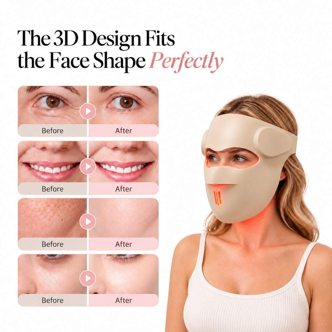 GOOMi 3D Silicone LED Light Therapy Mask showing before and after skin appearance comparisons with contoured face-fit design