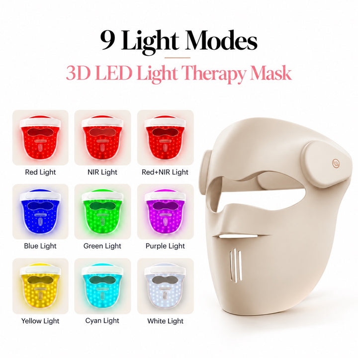 GOOMi 3D Silicone LED Light Therapy Mask displaying nine LED light therapy modes including red, blue, green, NIR and combination modes