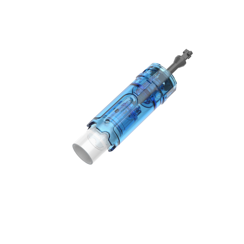 Angled view of a Dr. Pen M8 Max 36-pin microneedling cartridge with clear blue casing, visible internal needle mechanism, and attached protective cap