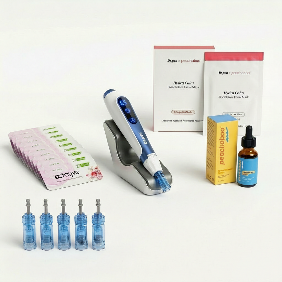 Dr. Pen A11 device with 12-pin cartridges for precise treatment delivery, Peachaboo Hyaluronic Acid Serum for deep hydration and skin plumping, Stayve Repair Cream to soothe and support post-treatment recovery, and Dr. Pen x Peachaboo Hydra Calm Biocellulose Mask to calm, hydrate, and restore the skin after treatment.