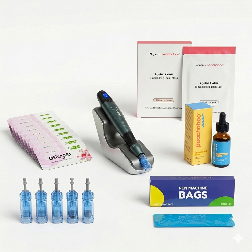 Dr. Pen A20 microneedling device with 12-pin cartridges for precise treatment performance, Peachaboo Hyaluronic Acid Serum for deep hydration, and Stayve Repair Cream to support skin recovery and soothe post-treatment sensitivity. Also included are essential clinical tools such as protective sleeve for device hygiene. Completing the routine is the Dr. Pen x Peachaboo Hydra Calm Biocellulose Mask to calm, hydrate, and restore the skin after treatment.