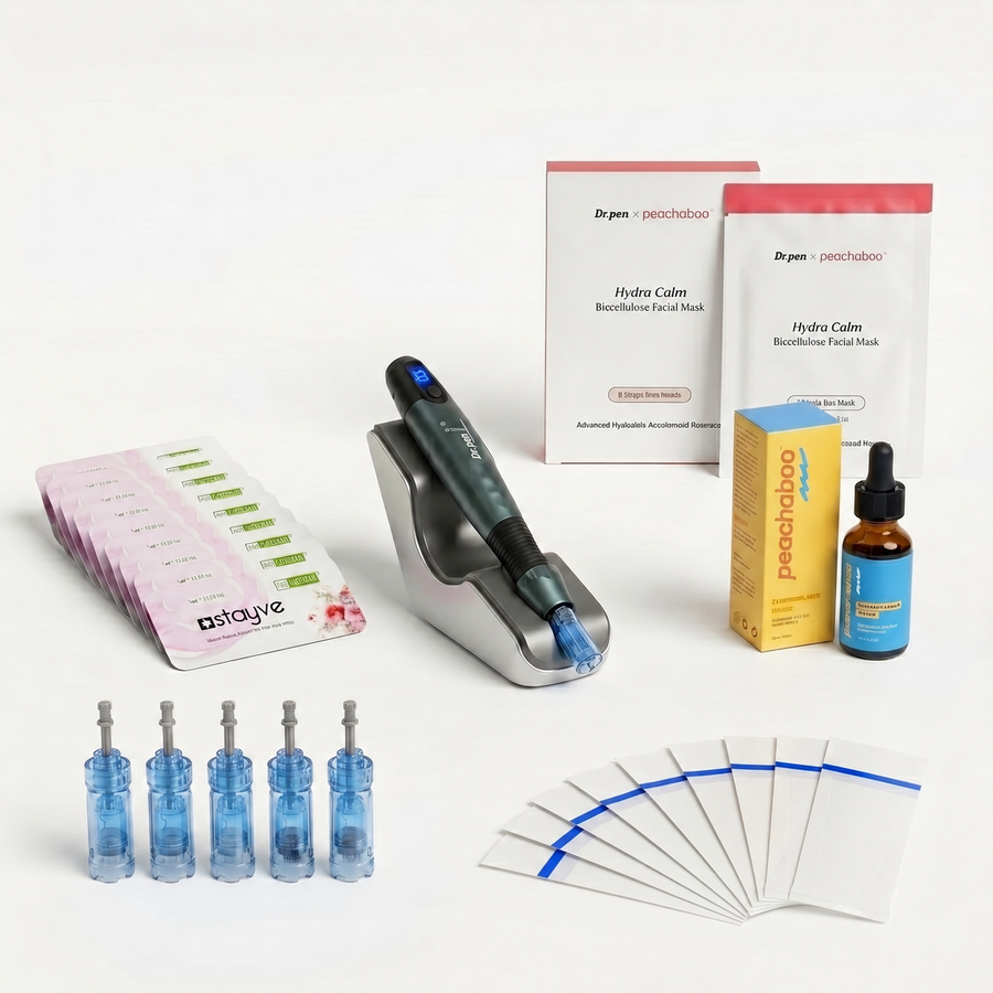 Dr. Pen A20 microneedling device with 12-pin cartridges for precise treatment performance, Peachaboo Hyaluronic Acid Serum for deep hydration, and Stayve Repair Cream to support skin recovery and soothe post-treatment sensitivity. Also included are essential clinical tools such as protective sleeve for device hygiene. Completing the routine is the Dr. Pen x Peachaboo Hydra Calm Biocellulose Mask to calm, hydrate, and restore the skin after treatment.