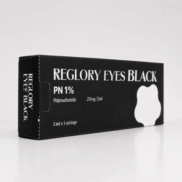 Angled view of Reglory Eyes Black PN 1% polynucleotide syringe box packaging