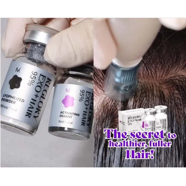 Reglory EXO Exosome Hair growth product with bottles labeled 'LYOPHILIZED POWDER' and 'ACTIVATING DILUENT', applied to hair.