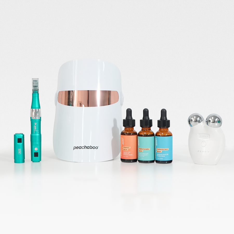 The Rejuvenate Me kit features a facial toning device, A6S microneedling pen , and various serums (vitamin C, Hyaluronic and Peptide designed for anti-ageing and skin tightening.
