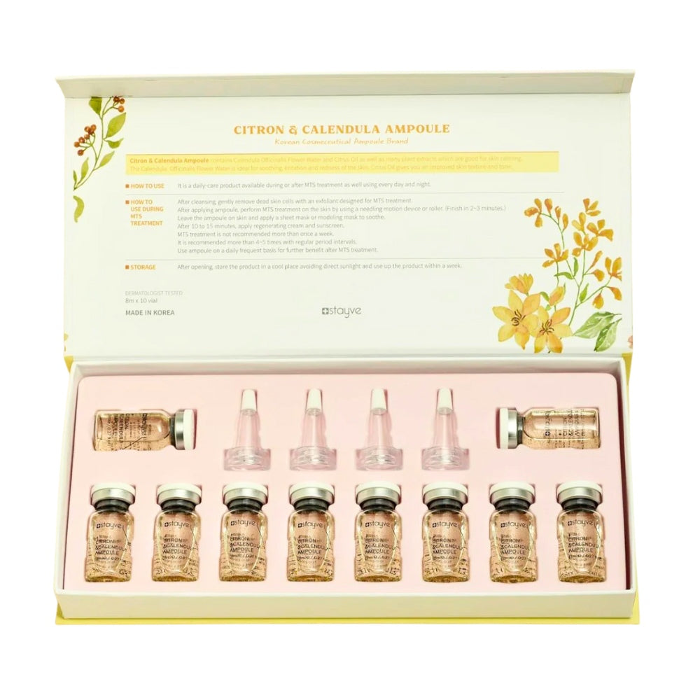 Stayve Citron & Calendula Ampoule kit opened box showcasing ampoule vial & applicators in the box