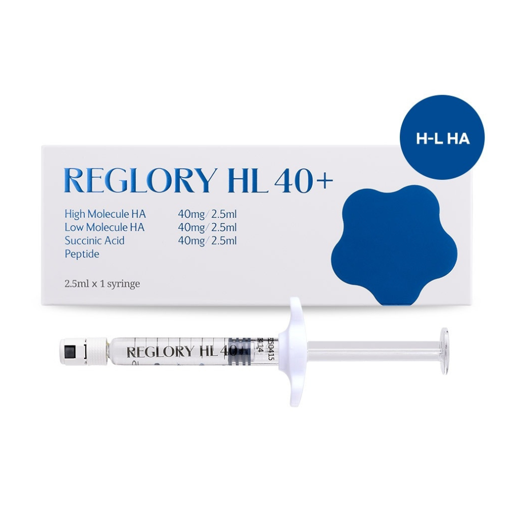 Reglory HL 40+ skin booster syringe with packaging on a white background