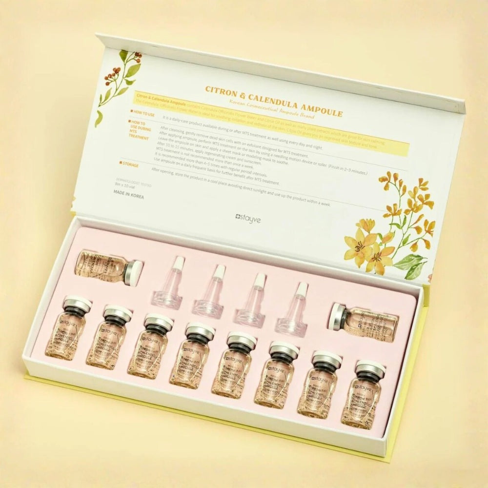 Stayve Idebenone Ampoule kit opened box with multiple vials on yellow background
