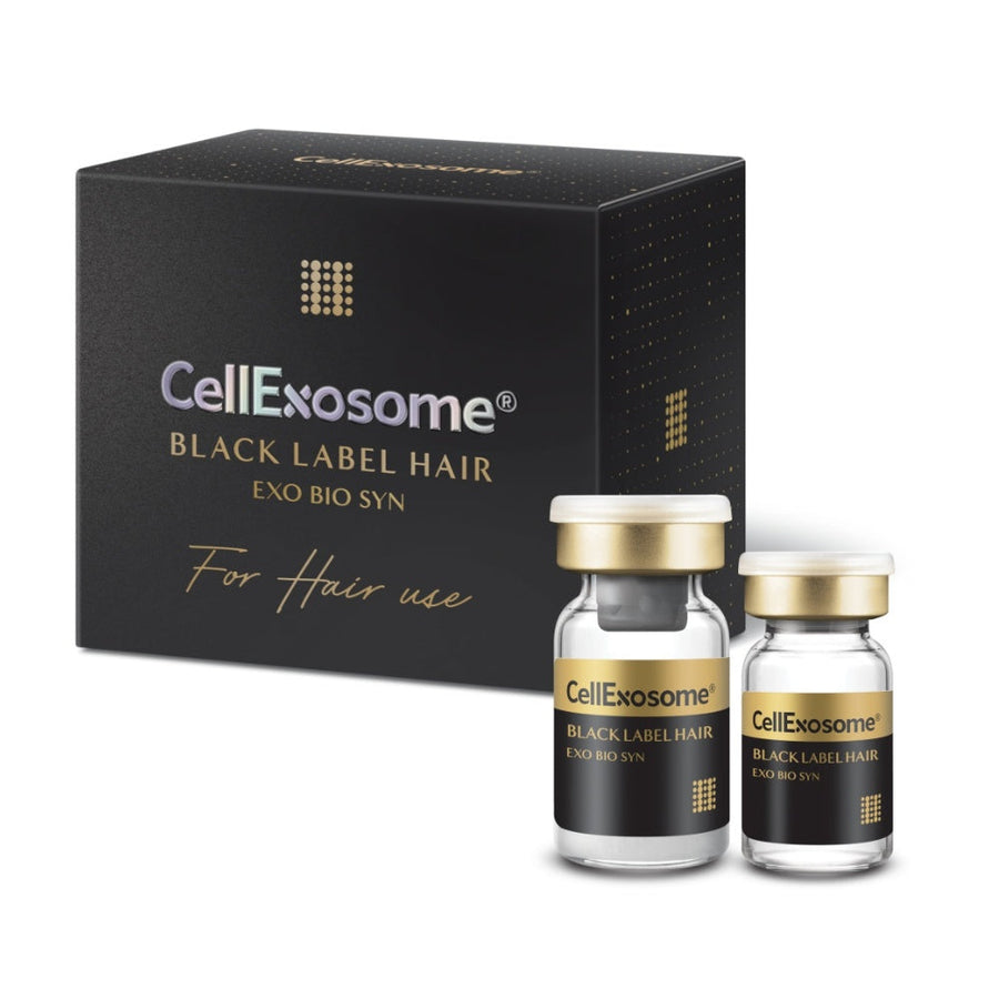 CellExosome Black Label Hair packaging box and vials on display