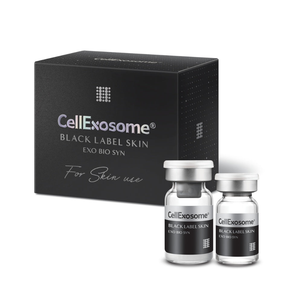 CellExosome Black Label Skin packaging box with two vials on a white background