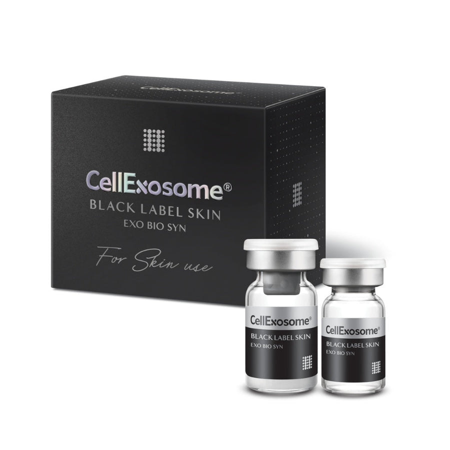 CellExosome Black Label Skin packaging box with two vials on a white background