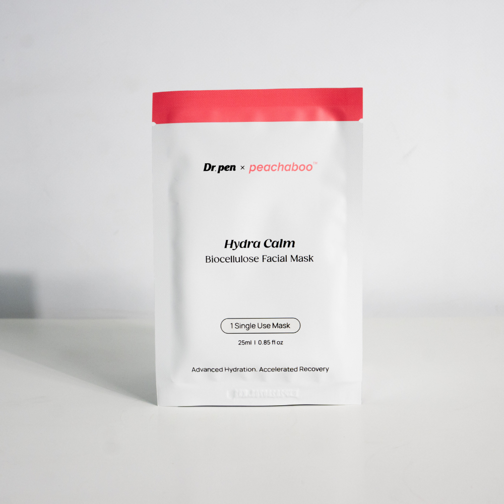 Single sachet of Dr. Pen x Peachaboo Hydra Calm Biocellulose Facial Mask, 25ml, designed to deliver hydration and promote skin recovery.