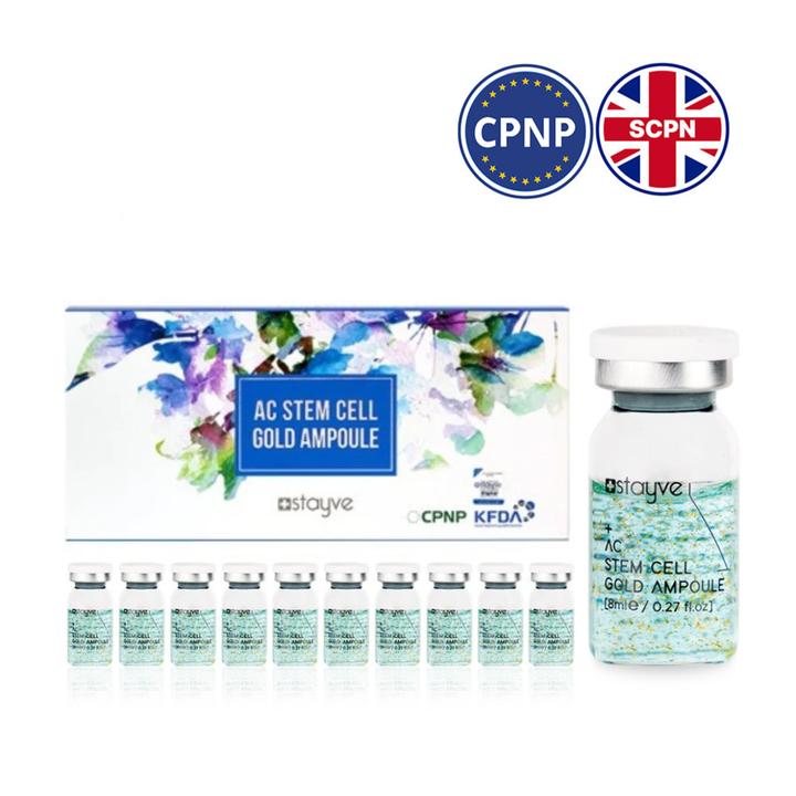 AC Stem Cell Gold Ampoule packaging and vials with CPNP and SCPN logos