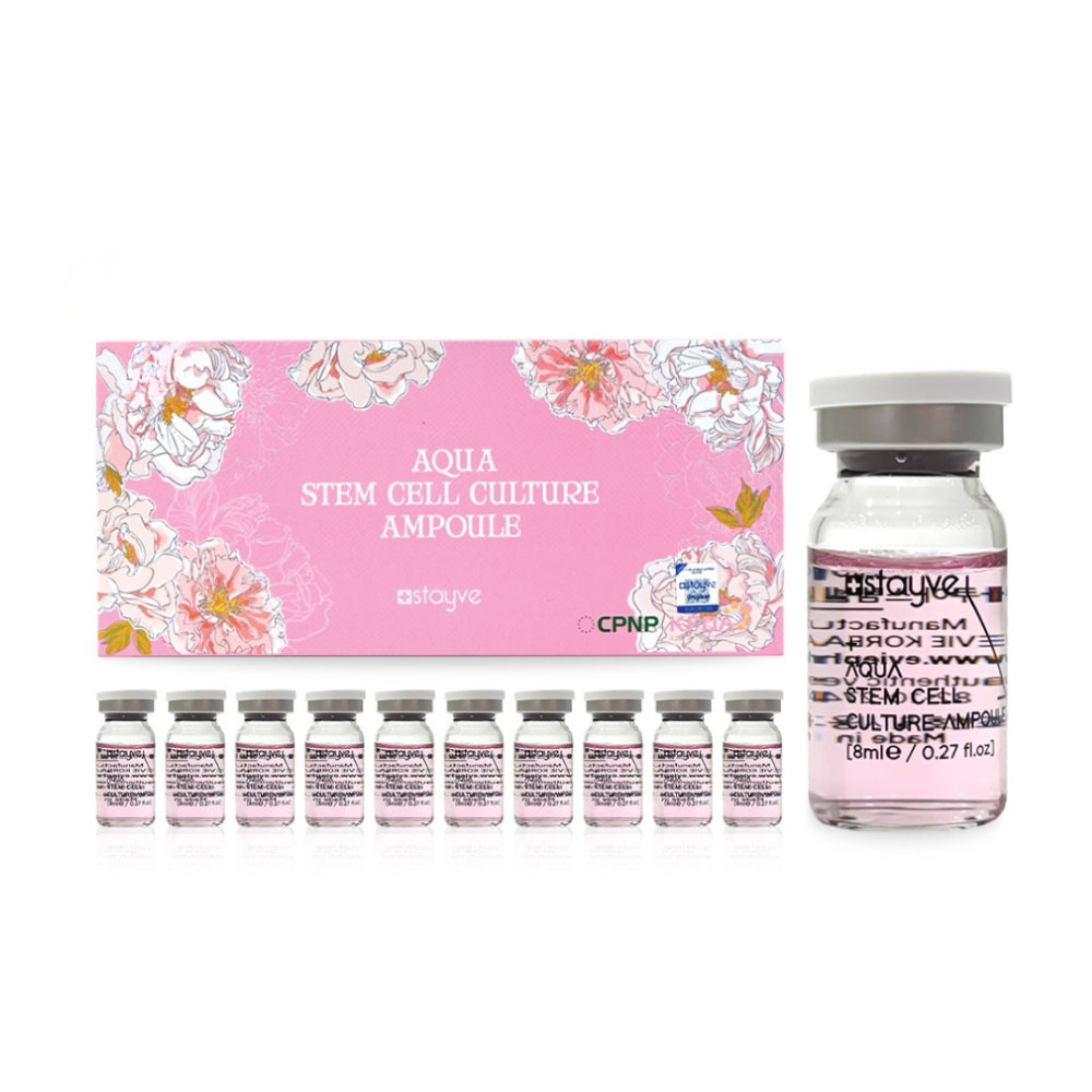 Stayve Aqua Stem Cell Culture Ampoule set with pink packaging and multiple ampoules on a white background.