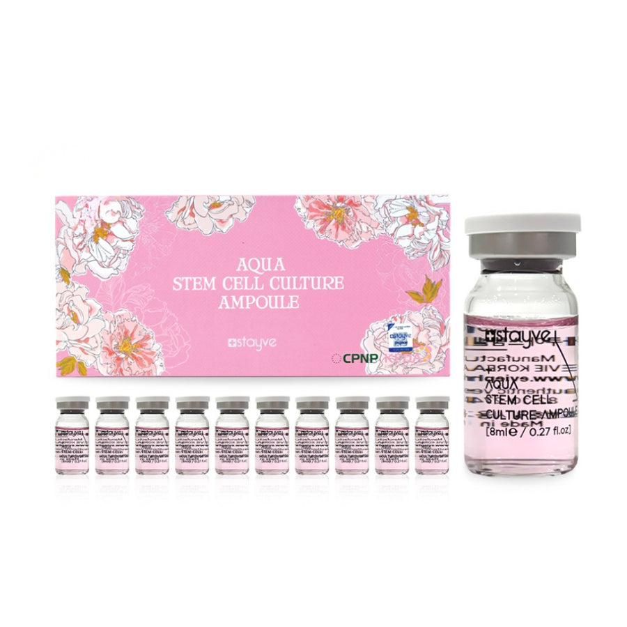 Stayve Aqua Stem Cell Culture Ampoule set with pink packaging and multiple ampoules on a white background.
