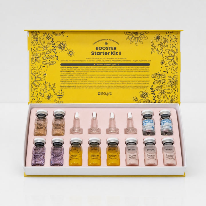 Open Stayve Booster Starter Kit II with ampoule vials and applicator caps in yellow box