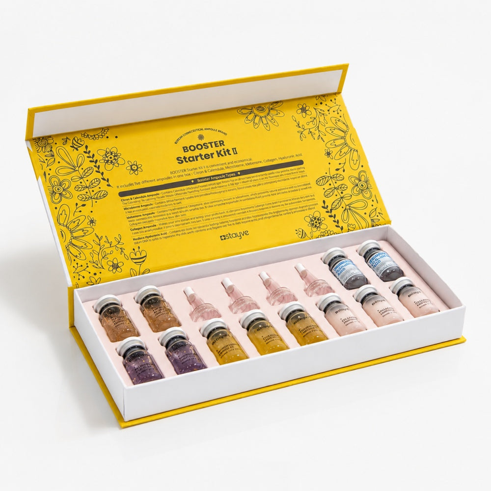 Open Stayve Booster Starter Kit II with ampoule vials and applicator caps in yellow box