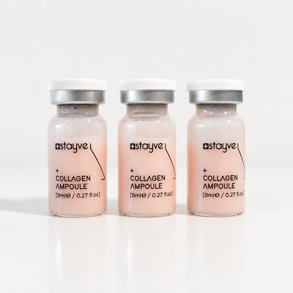 Three Stayve Collagen Ampoule vials with pink formula for cosmetic skin booster treatments