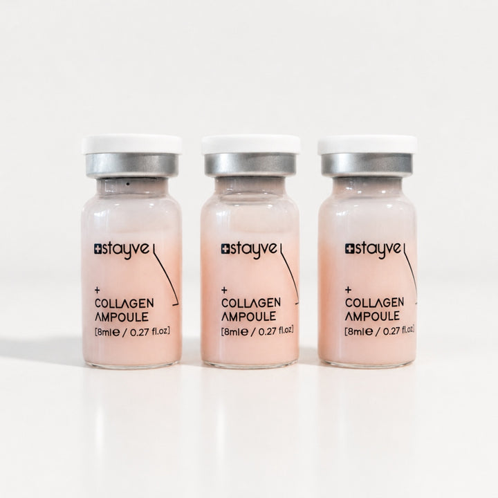 Three Stayve Collagen Ampoule vials with pink formula for cosmetic skin booster treatments