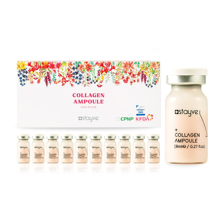 Stayve Collagen Ampoule set with packaging and ampoule vials on a white background