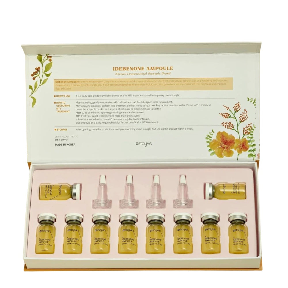 Stayve Idebenone Ampoule kit opened box with multiple vials for professional anti-ageing skincare treatments