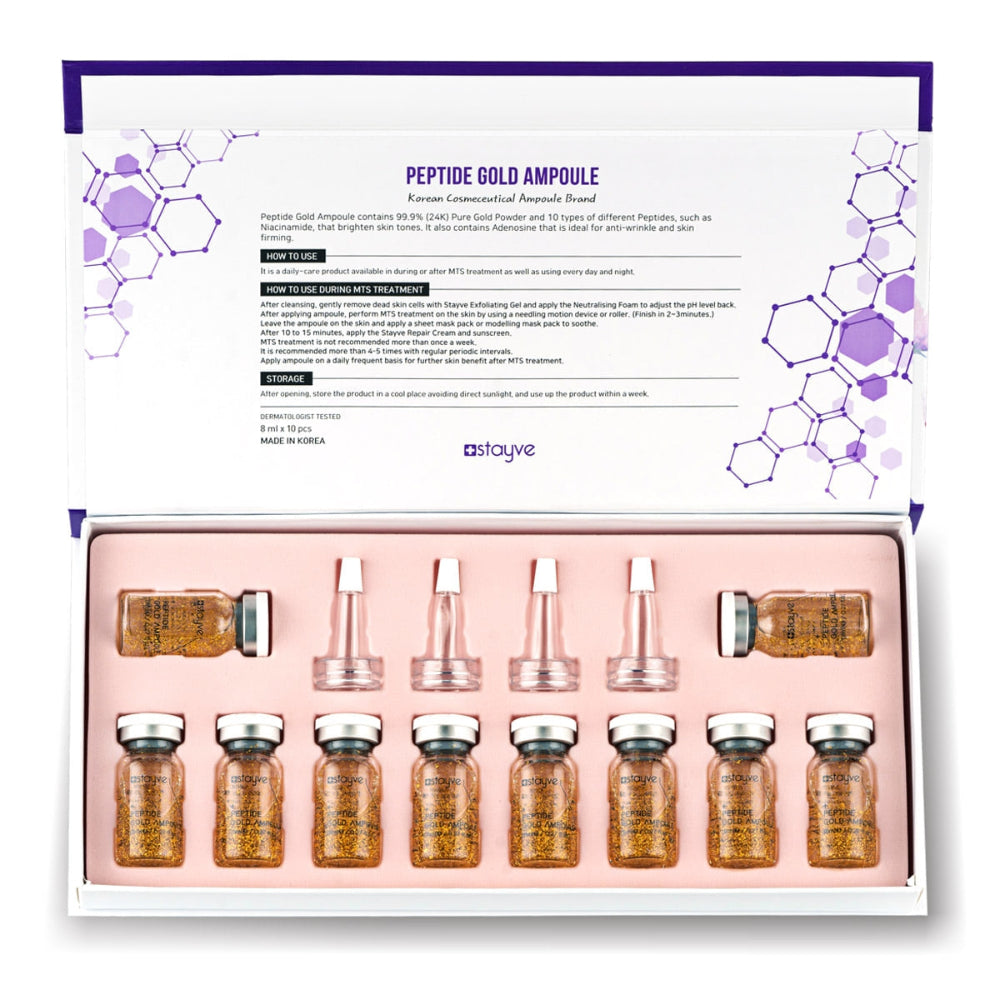 Set of peptide gold ampoules in packaging box with a white background