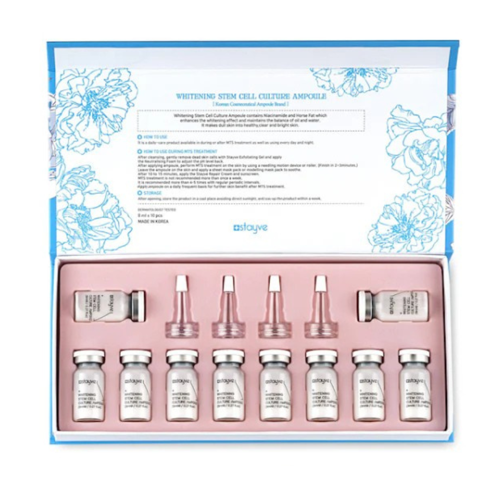 Stayve Whitening Stem Cell Culture Ampoule set with opened packaging box, showcasing vials and applicators