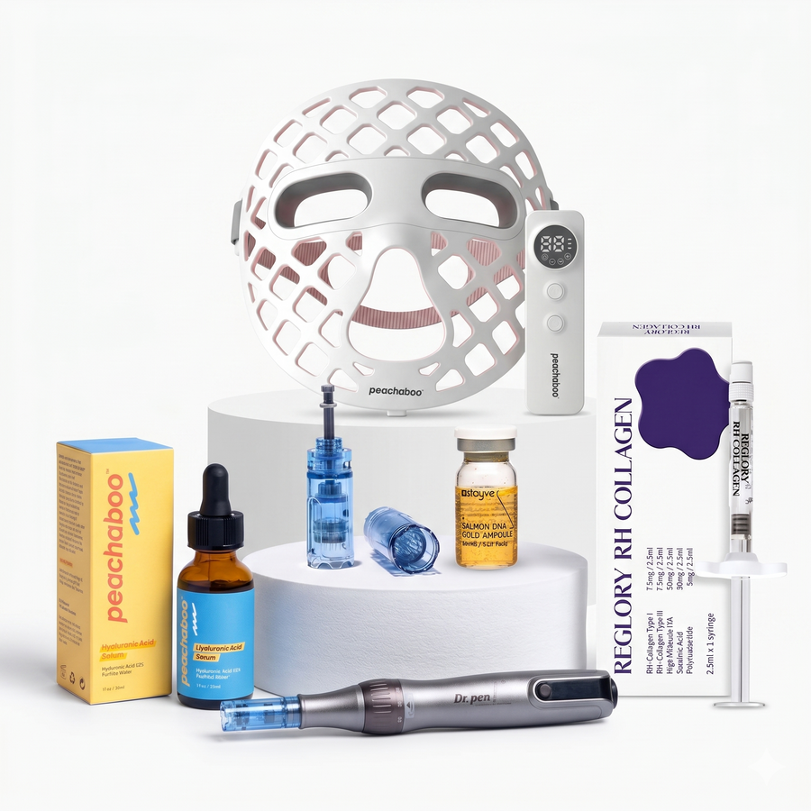Featuring the Dr. Pen M8S microneedling pen with 12-pin and 36-pin cartridges for versatile treatments, Peachaboo Hyaluronic Acid Serum 30ml for deep hydration, Reglory RH Collagen (Types I & III) Skin Revitalizer to support skin structure, and Stayve Salmon DNA Gold Ampoule (8ml x 10 vials) to nourish and revitalise the skin.

Also included is the Peachaboo Glo Aurora Silicone LED Light Therapy Mask (with NIR).