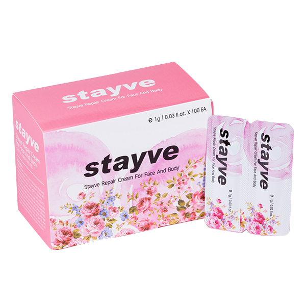 Stayve Repair Cream For Face And Body box with two individual floral sachets displayed beside it.