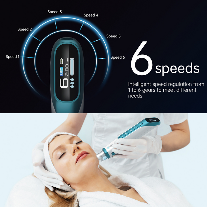 Dr. Pen H6 microneedling pen with 6 speed settings, shown in professional facial treatment.