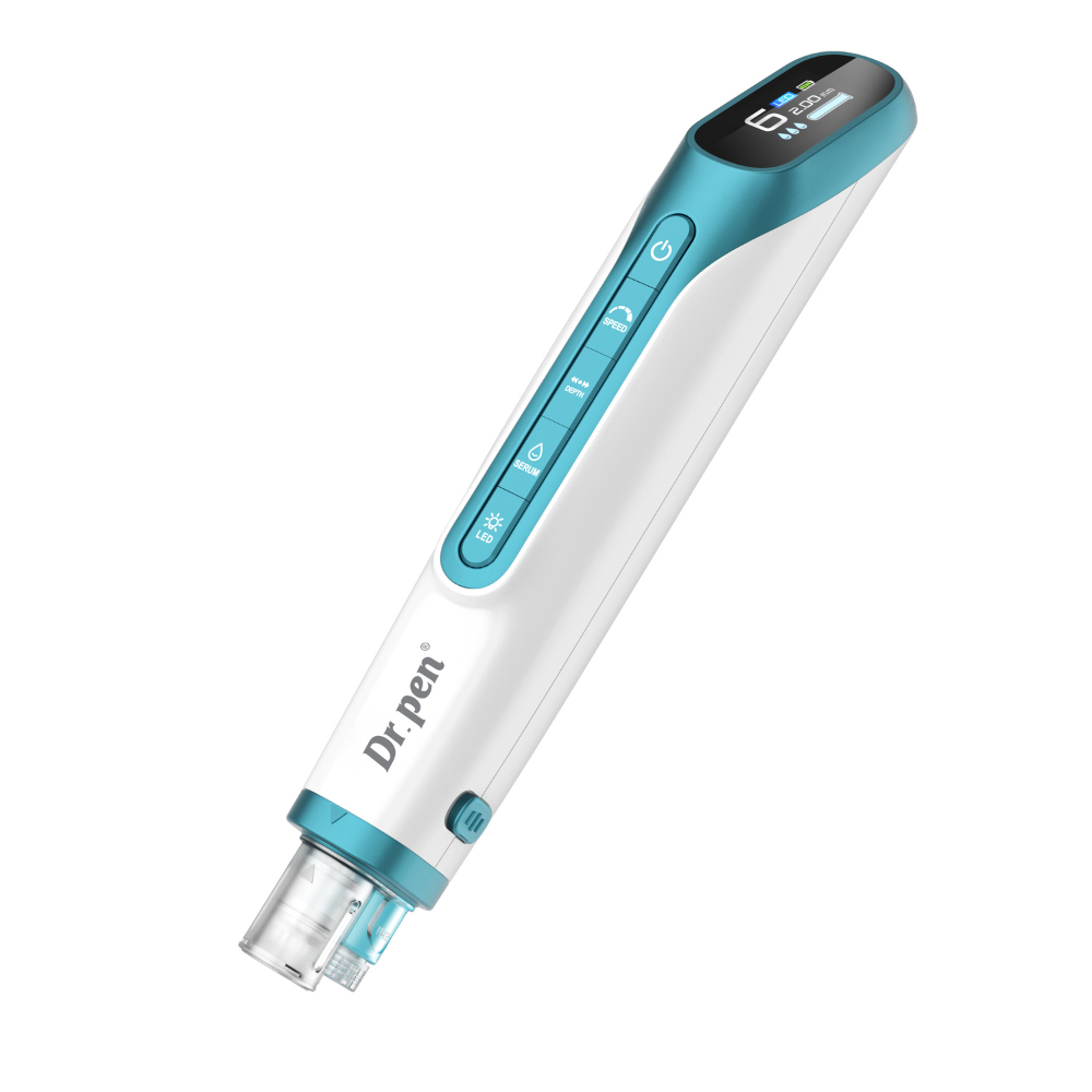 Dr. Pen H6 wireless microneedling pen shown diagonally, with LCD display, control buttons and cartridge tip visible on a white background.