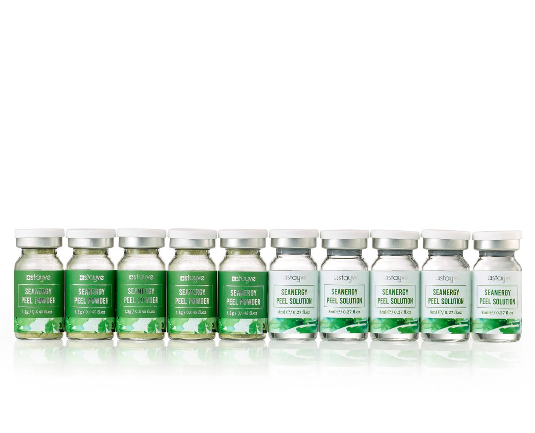 Stayve Seanergy Peel Solution & Powder Kit featuring multiple peel powder and peel solution vials.