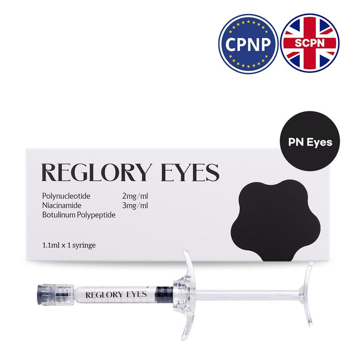 Reglory EYES – Advanced Eyes & Facial Rejuvenator box and syringe shown with CPNP and SCPN certification logos.