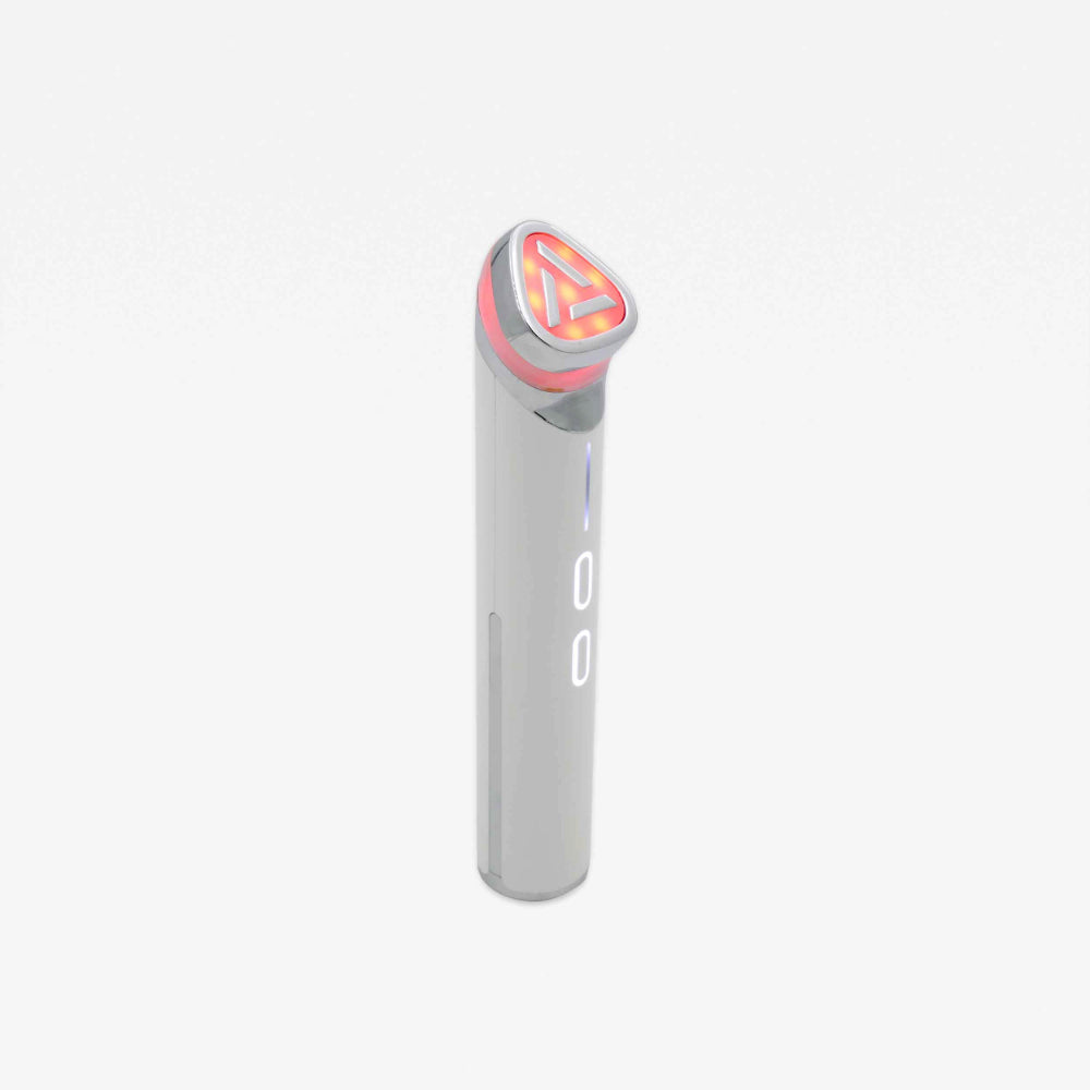 A stylish white 3-in-1 serum booster wand beauty device with a radiant red light, elegantly accompanied by the Lumipore Serum Booster Wand's LED.