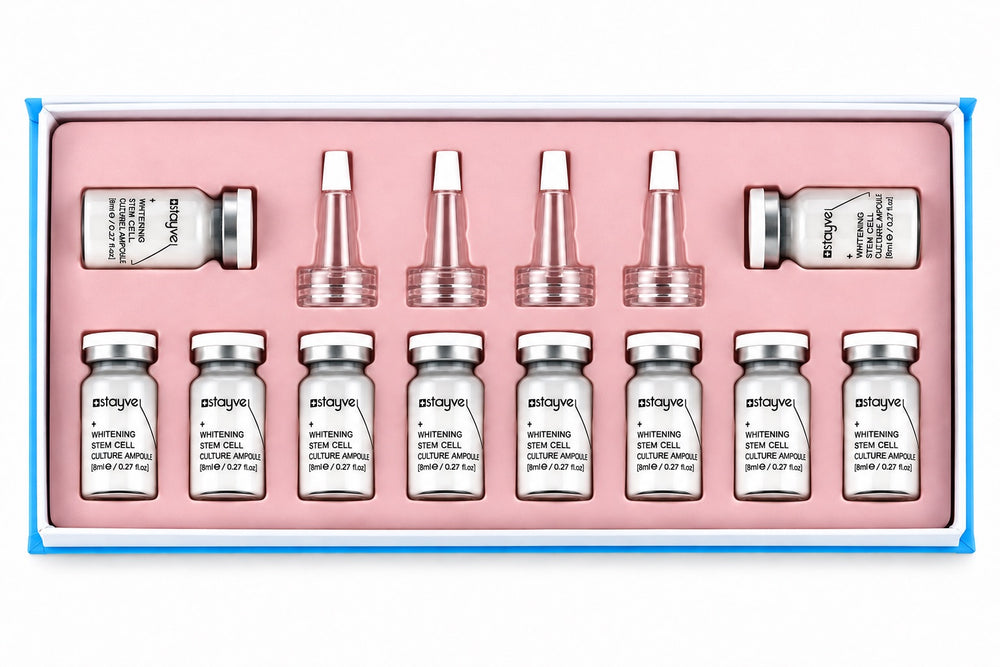 Stayve Whitening Stem Cell Culture Ampoule set with opened packaging box, showcasing vials and applicators