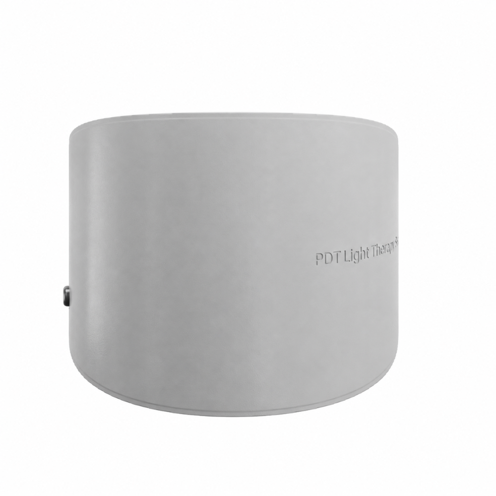 Goomi PDT LED Light Therapy Pod in light grey, front view showing flexible curved design for face and body use.
